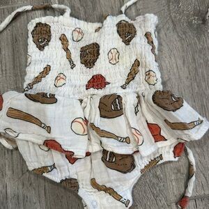 Newborn Infant Tie Strap Smocked Baseball Bubble dress